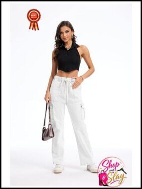 Womens Stretch Denim Cargo Jeans Drawstring Elastic Waist Ankle Pants
